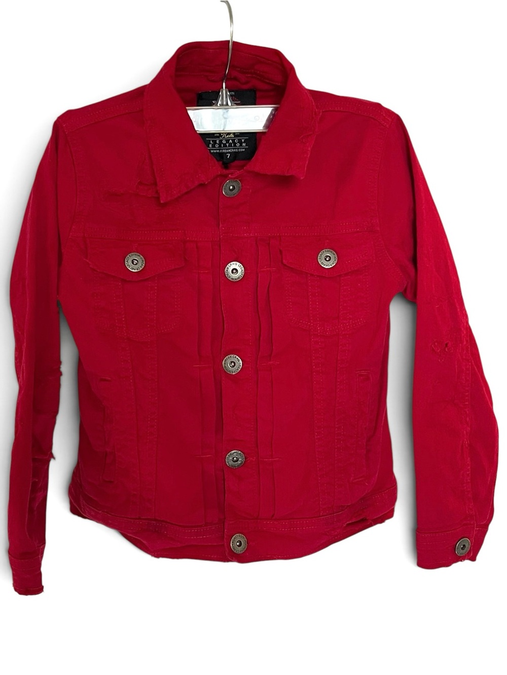 Kids Red Distressed Denim Trucker Jacket Jordan Craig Legacy Edition Size 7